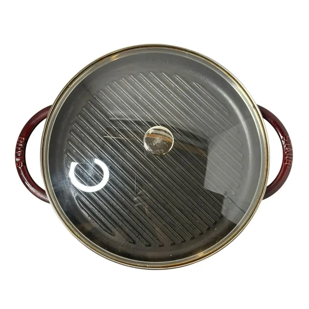 STAUB Cast Iron Round Steam Grill 12” Dark Red Enamel Glass Lid Made In France